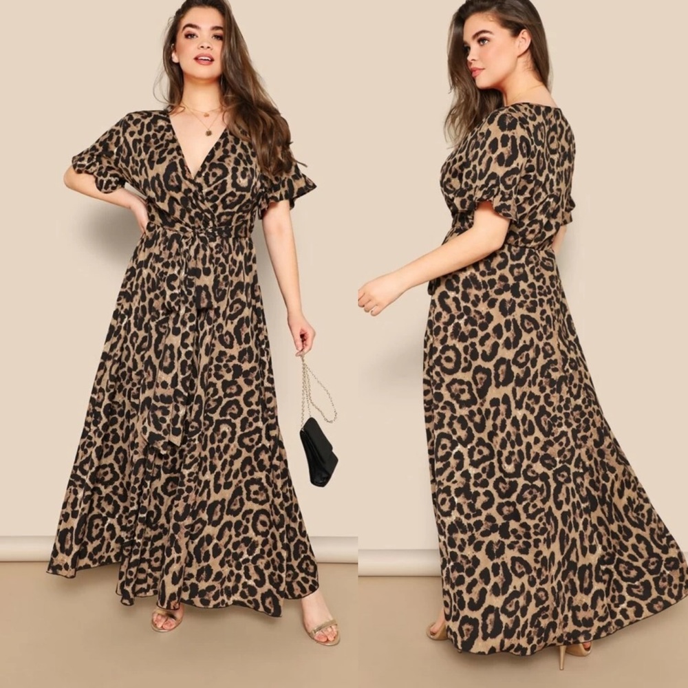 Leopard Print V Neck Flutter Sleeve Maxi Dress Bo… - image 1